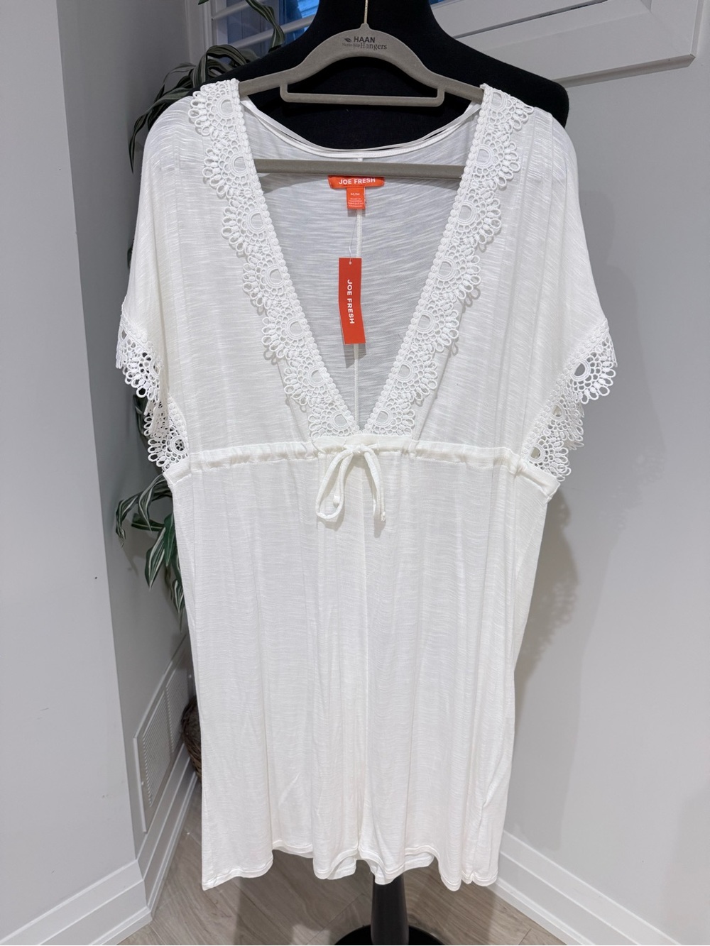 Joe Fresh White Crochet-Trim V-Neck Swim Coverup